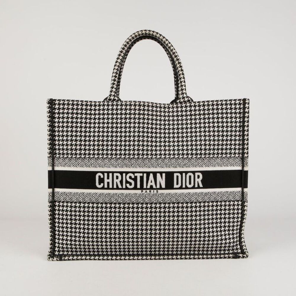 Large Black White Houndstooth Embroidered Book Tote Bag
